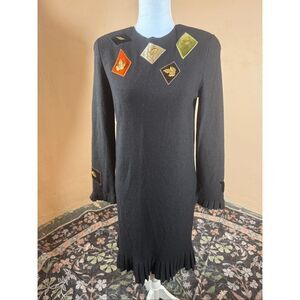 Steve Fabrikant Signature Black Knit Dress – Velvet Leaf Patch Detail | Pleated